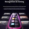 A close-up view of a sleek, handheld smart cloth recognition iron with various mode icons displayed on the screen.