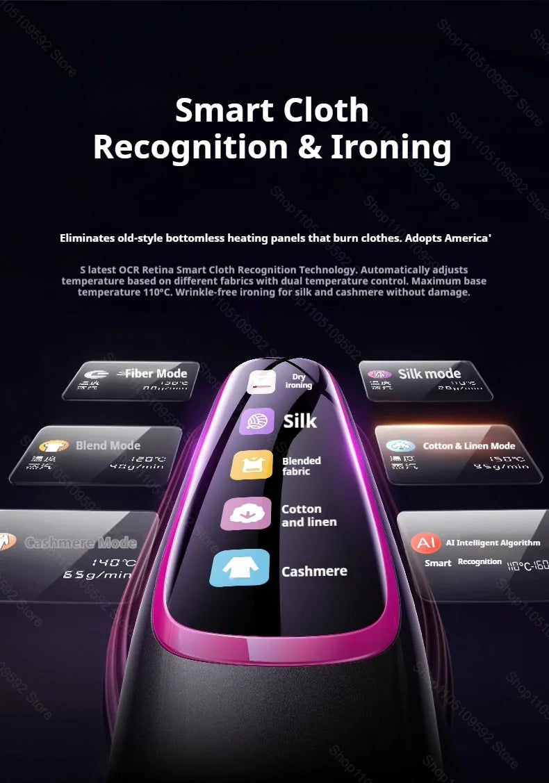 A close-up view of a sleek, handheld smart cloth recognition iron with various mode icons displayed on the screen.