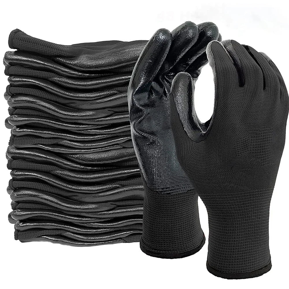 A stack of black nitrile-coated nylon work gloves is shown, with one glove displayed separately.