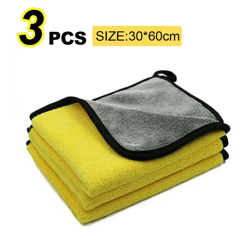 Three sets of gray and yellow microfiber car cleaning towels, size 30x60cm.