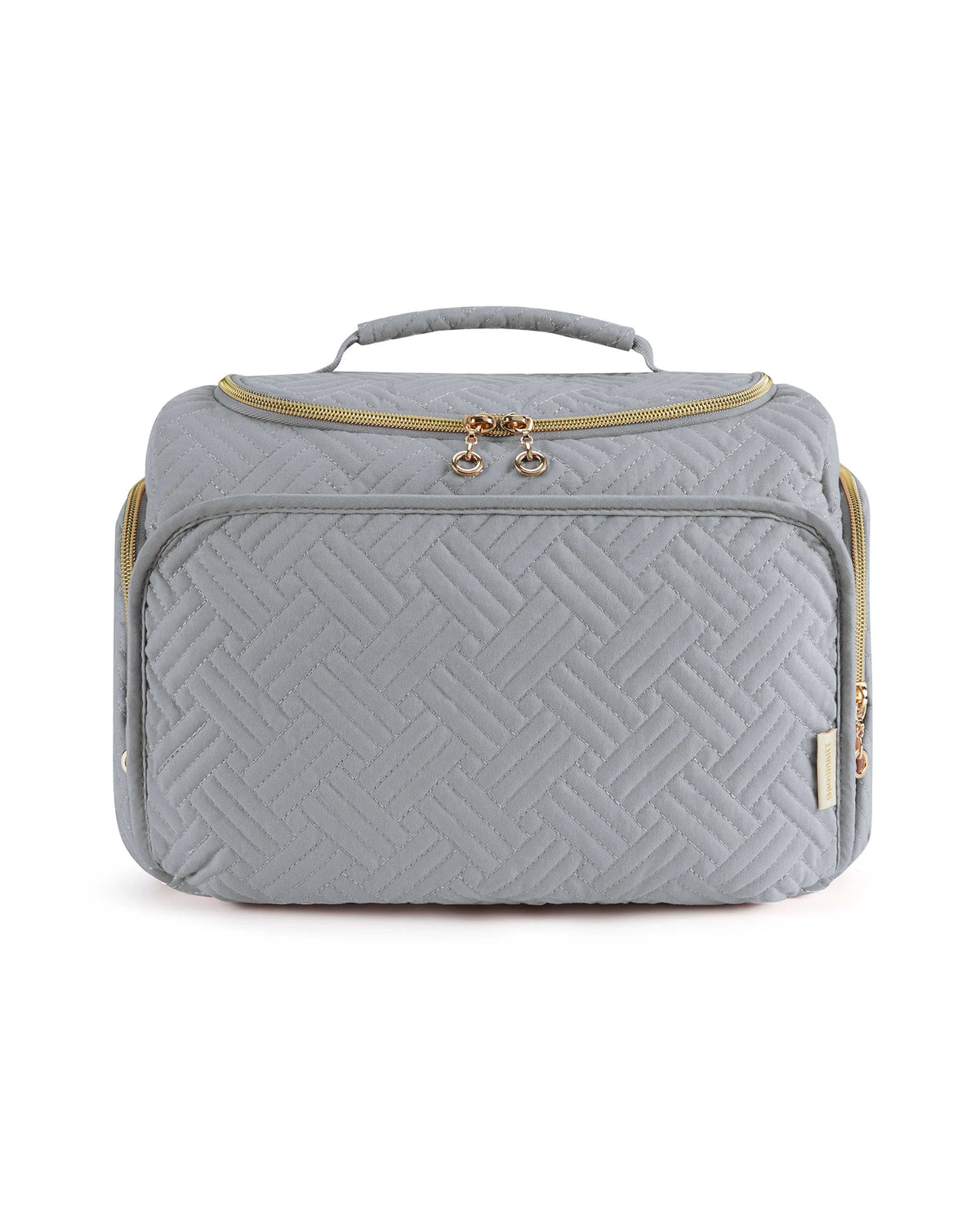 A gray quilted travel toiletry bag with a handle and gold-toned zipper details.