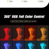 Portable RGB LED video light panel demonstrating brightness control and 360 degree full color control.