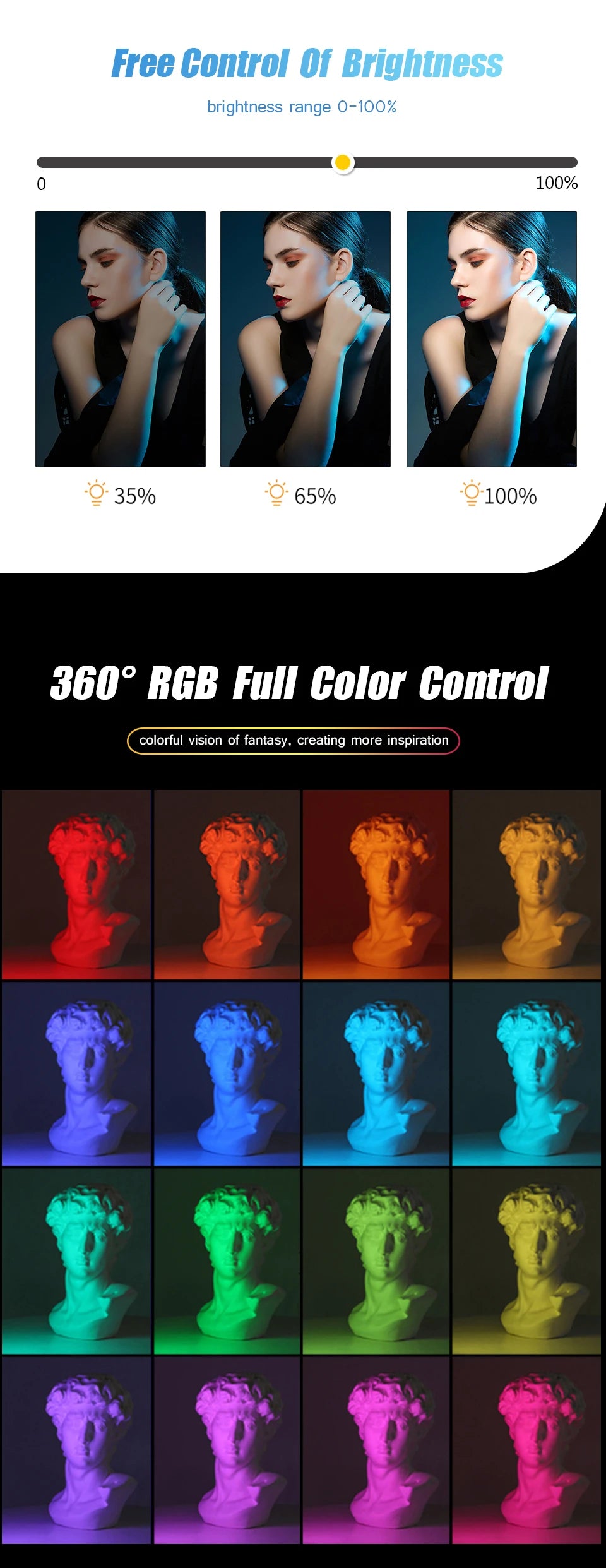 Portable RGB LED video light panel demonstrating brightness control and 360 degree full color control.
