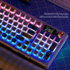 A close-up of a keyboard featuring colorful keycaps and backlight, with a separate set of keycaps displayed nearby.