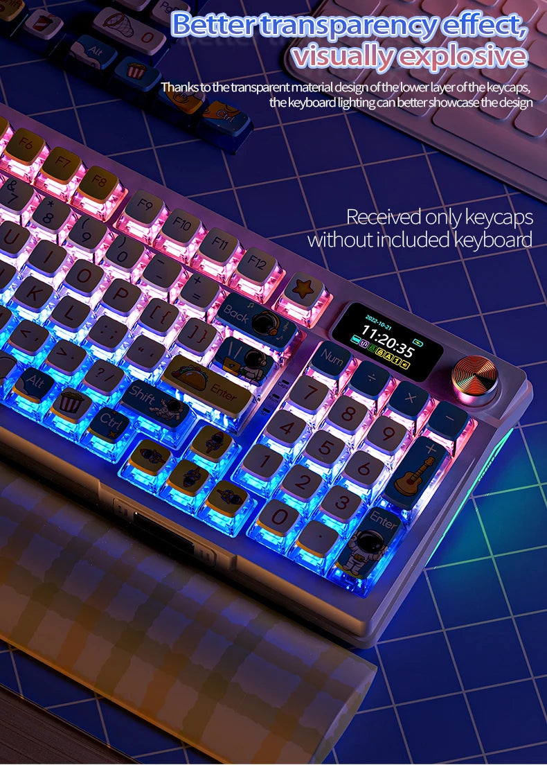 A close-up of a keyboard featuring colorful keycaps and backlight, with a separate set of keycaps displayed nearby.