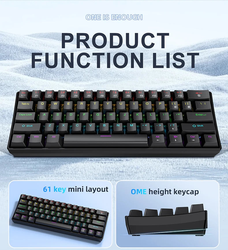 A black compact 60% wired mechanical gaming keyboard with an OME height keycap and a 61 key mini layout.