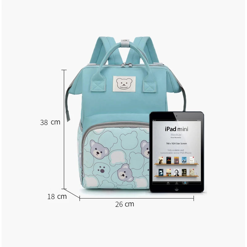 Light blue bear print waterproof diaper backpack shown with dimensions.