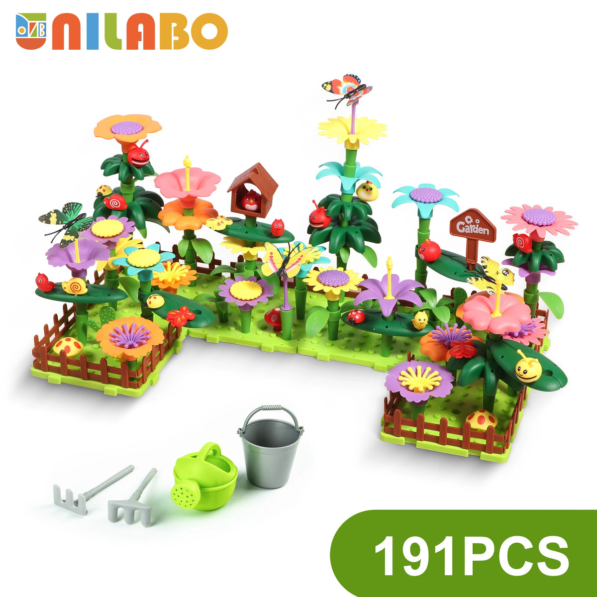 A colorful plastic flower garden building toy featuring various flowers, plants, and garden elements for kids.