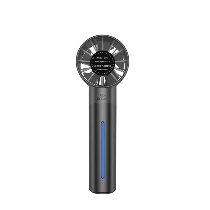 A black portable USB misting fan with a circular grille and a blue accent line.