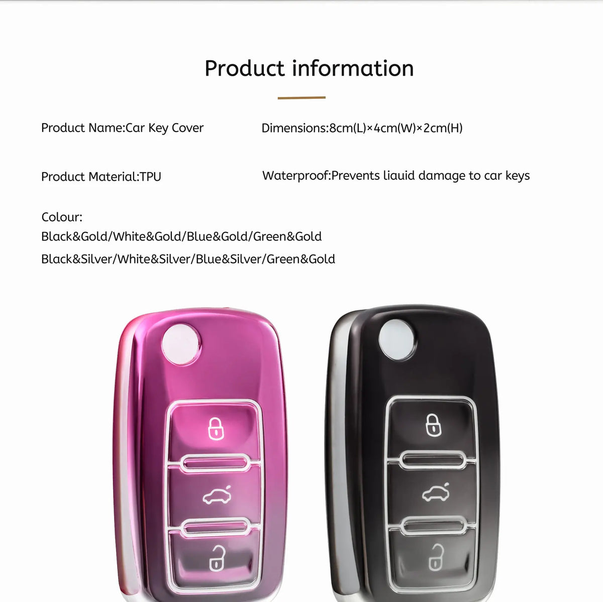 A set of soft TPU car key covers in various colors including black, silver, gold, blue, and green, shown in close-up.