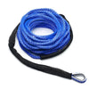 Blue heavy-duty synthetic winch rope coiled and secured with a black protective sheath.