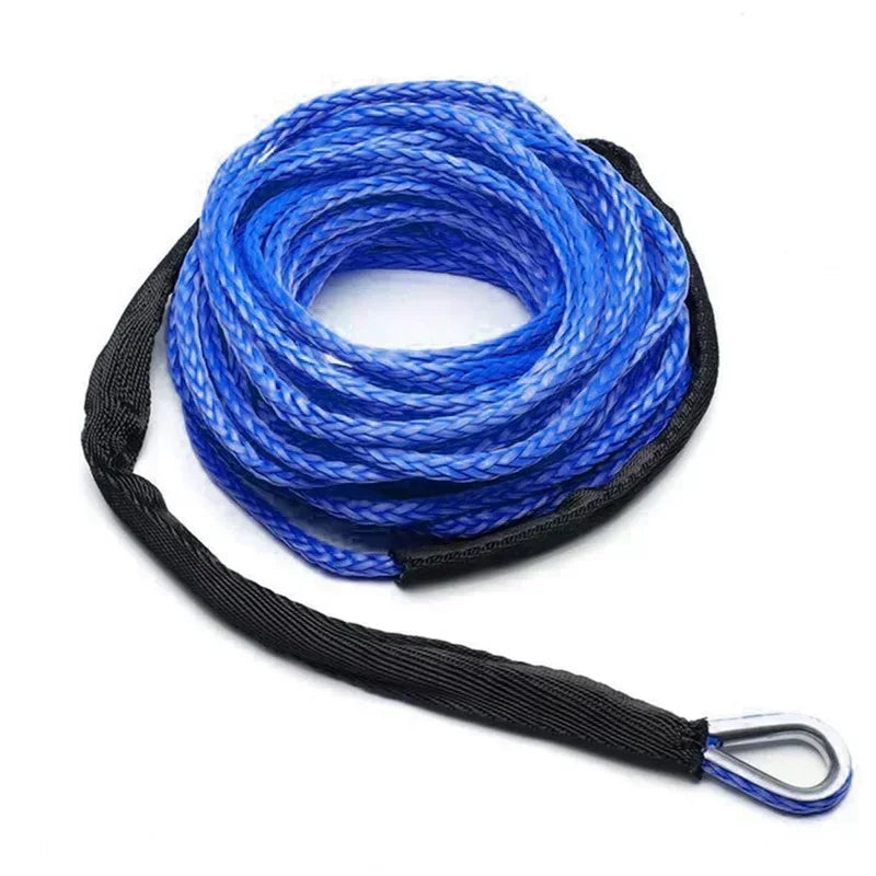 Blue heavy-duty synthetic winch rope coiled and secured with a black protective sheath.