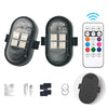 Two black remote control RGB LED strobe lights for vehicles shown with accessories and a smartphone control panel.
