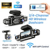 A black 3/4-channel HD wireless dashcam is shown with an optional front and rear camera, connected via WiFi app control.