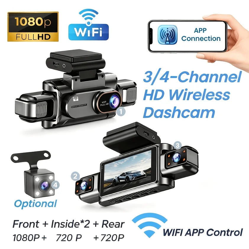 A black 3/4-channel HD wireless dashcam is shown with an optional front and rear camera, connected via WiFi app control.