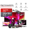 SanDisk Ultra microSD card shown with various electronic devices including a laptop, camera, drone, and mobile phone.