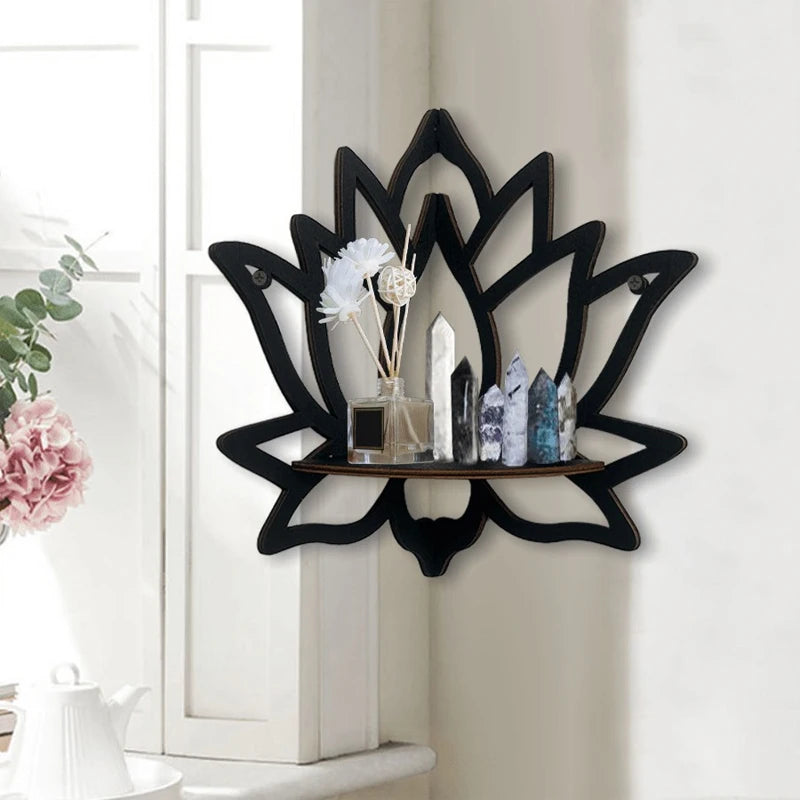 Handcrafted Lotus Wooden Wall Shelf with Cutout Design
