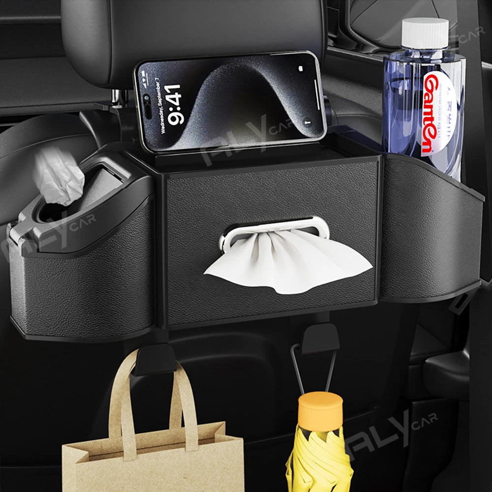 A black car back seat organizer featuring a cup holder, trash bin, and phone mount.
