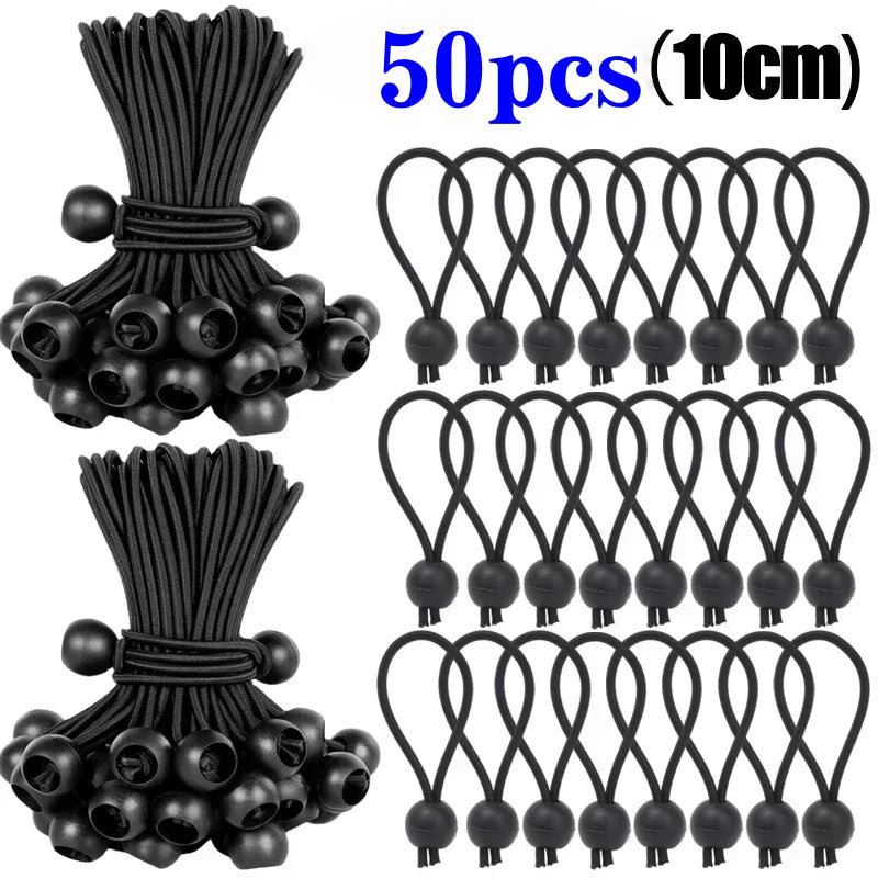 A set of 50 heavy duty bungee cords with elastic ball ends in black