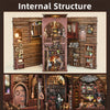 A detailed wooden bookstore interior kit featuring shelves, books, and decorative elements with built-in LED lighting.
