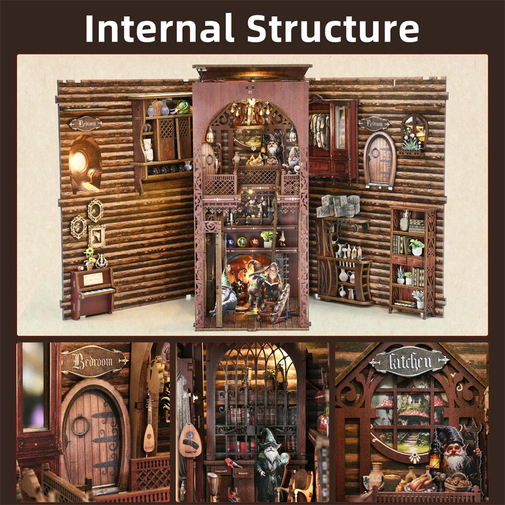 A detailed wooden bookstore interior kit featuring shelves, books, and decorative elements with built-in LED lighting.