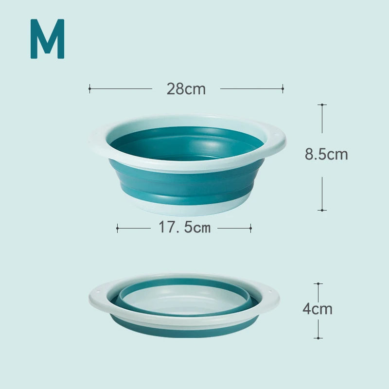 A teal foldable travel wash basin shown with dimensions 28cm long and 8.5cm high.