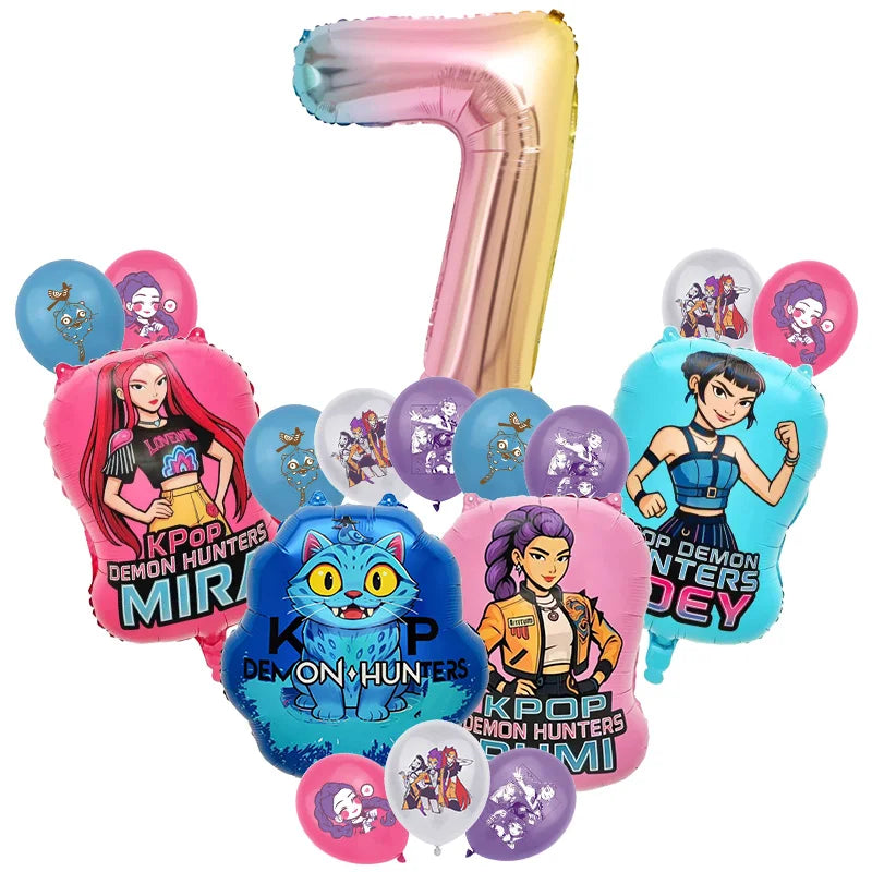 A set of pink and blue balloons shaped like the number 7 and various character-themed balloons for a music-themed birthday pa