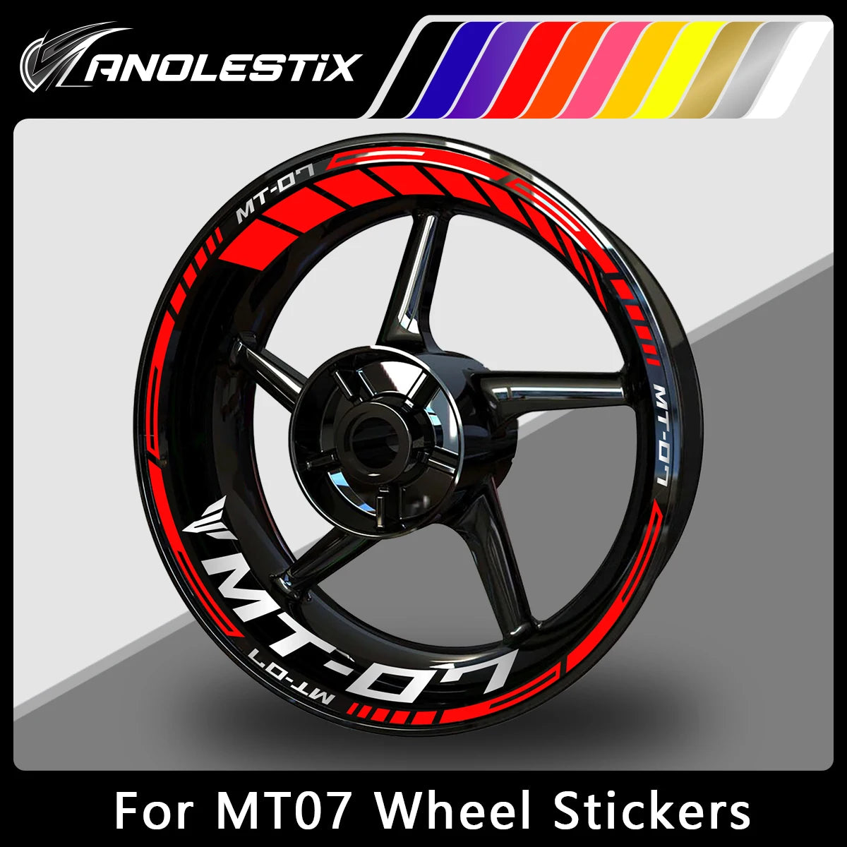 A black motorcycle wheel with red and white stripes, designed for MT-07 wheel stickers.