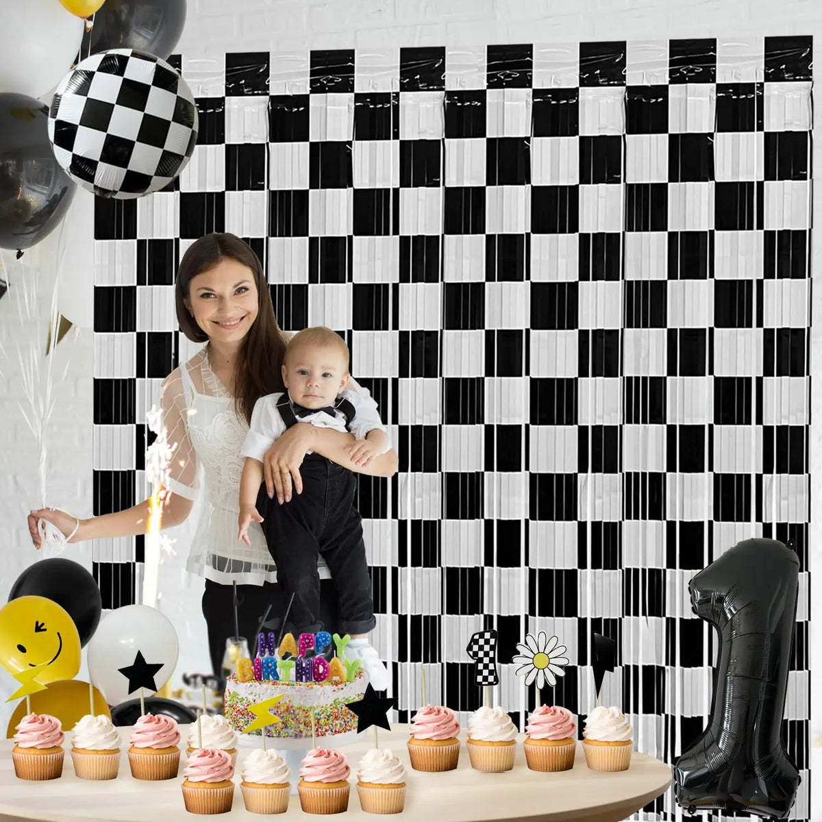 Black & White Checkered Foil Fringe Curtains for Racing Party Decor