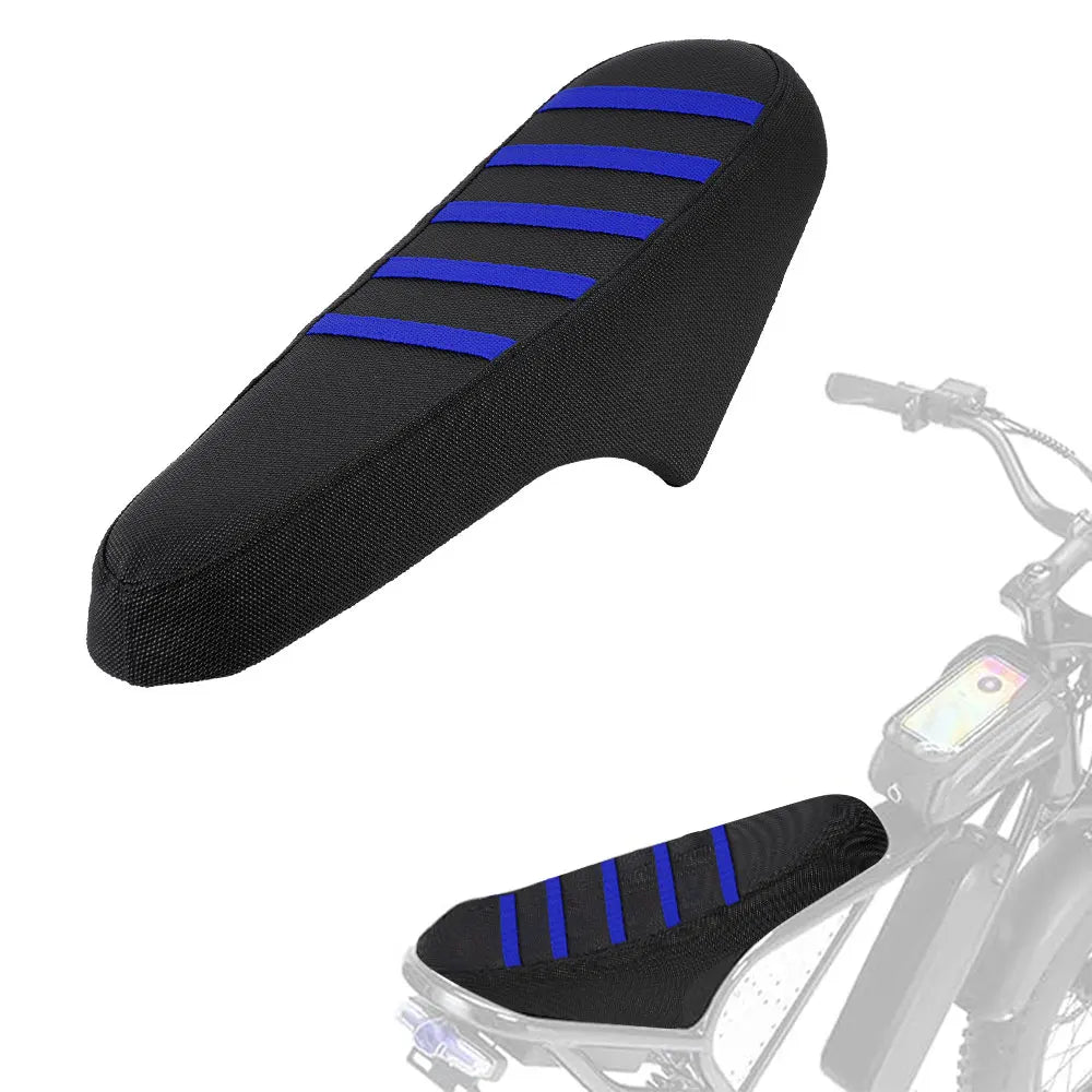 Black motorcycle seat cover with blue anti-slip stripes installed on a bike.