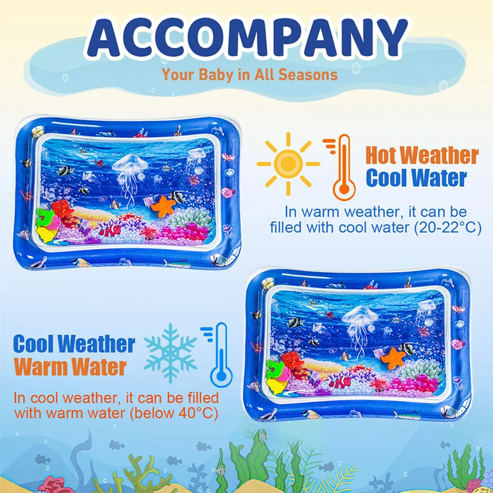 A blue inflatable baby water play mat filled with either cool or warm water, featuring floating toys and aquatic scenery.