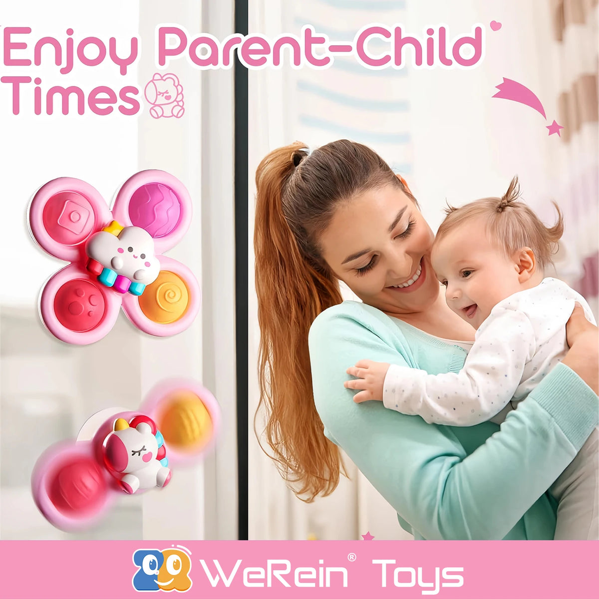 A smiling woman holds a baby while playing with colorful suction cup spinner sensory toys.