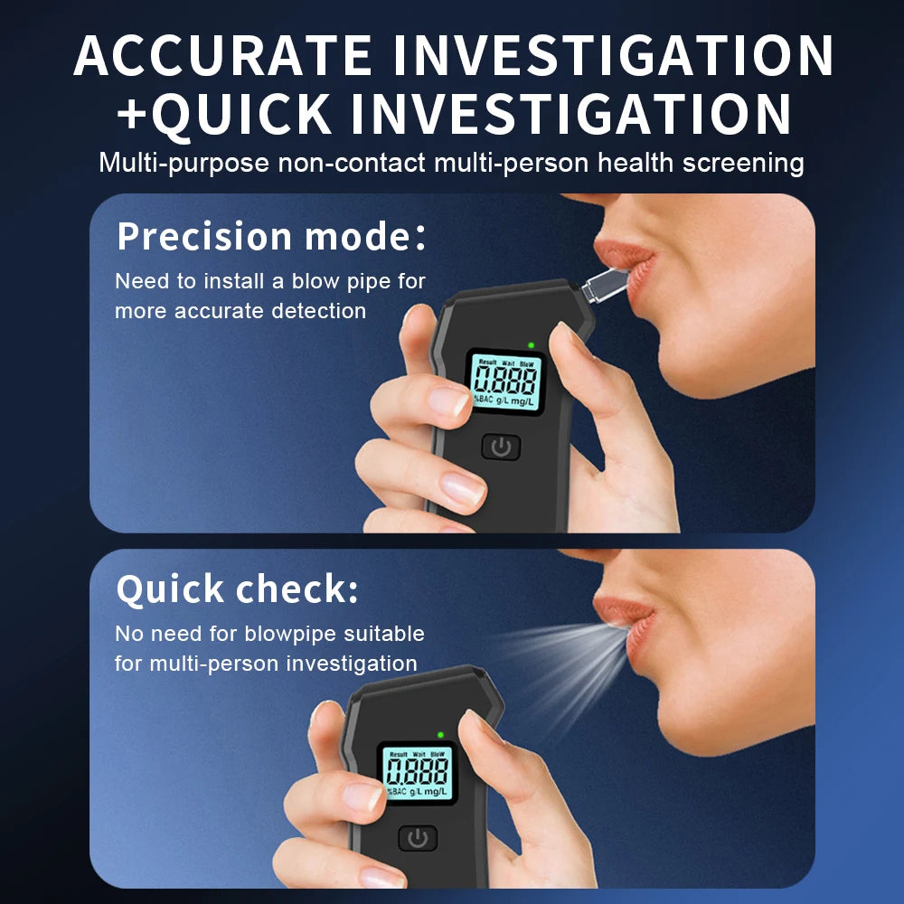 A hand holds a portable digital breathalyzer device, demonstrating its use for health screening.