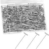 A clear plastic container filled with a pack of 200 metal T-pins for knitting, sewing, and crafting.