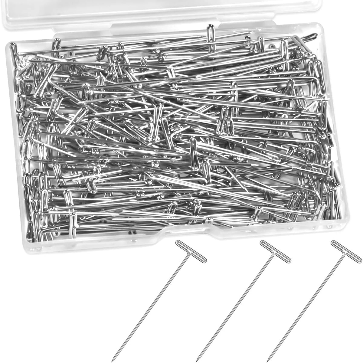 A clear plastic container filled with a pack of 200 metal T-pins for knitting, sewing, and crafting.