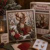 A framed piece of 3D fabric poke art depicting a deer in a snowy woodland scene with festive greenery and berries.