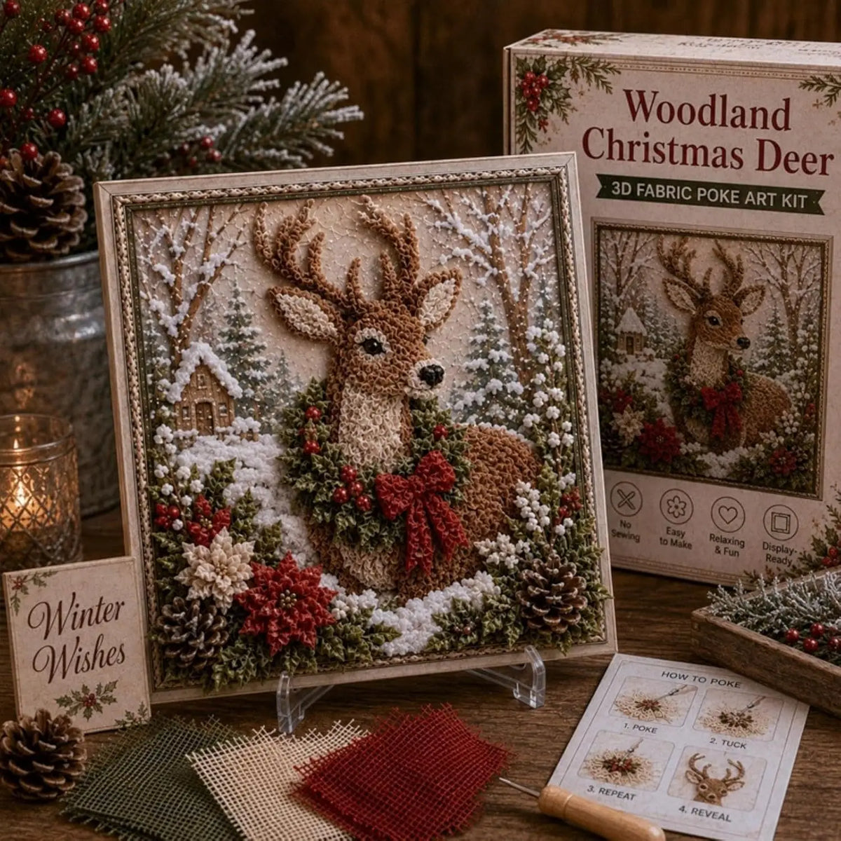 A framed piece of 3D fabric poke art depicting a deer in a snowy woodland scene with festive greenery and berries.