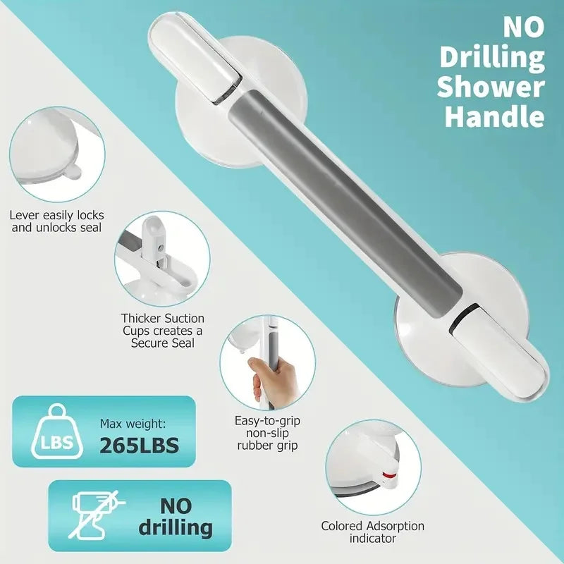 A silver non-slip suction grab bar with a shower handle and colored indicator is shown for bathroom safety.