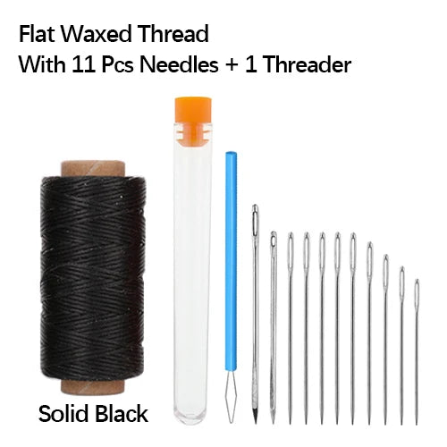 Solid black flat waxed thread with 11 needles and 1 threader tool.