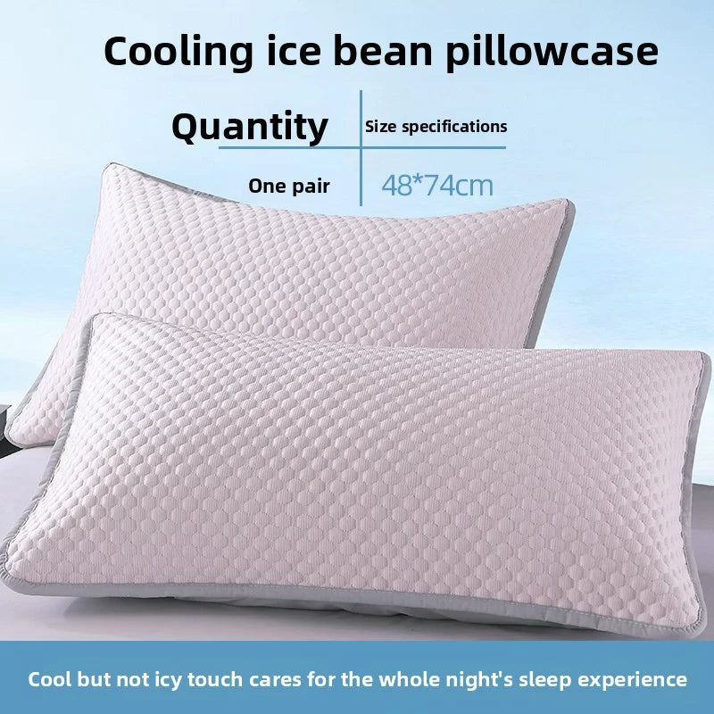 A pair of white cooling ice bean pillowcases shown next to size specifications.