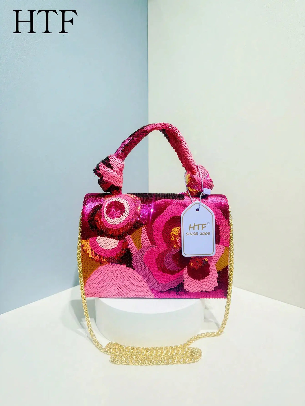 Sequin Floral Evening Clutch with Chain