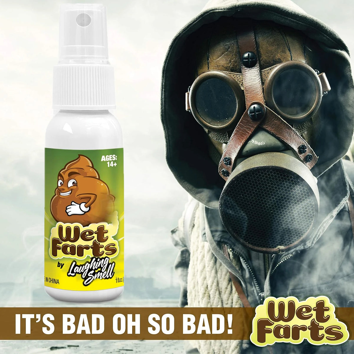 A bottle of Wet Farts laughing smell spray next to a person wearing a leather hood and goggles.