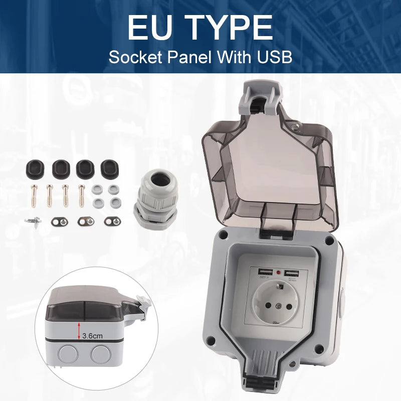 Enchufe de Pared Resistente a la Intemperie con Puertos USB