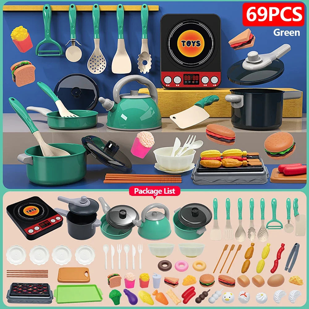 A colorful kids pretend play kitchen set featuring green pots, pans, utensils, and various food items.