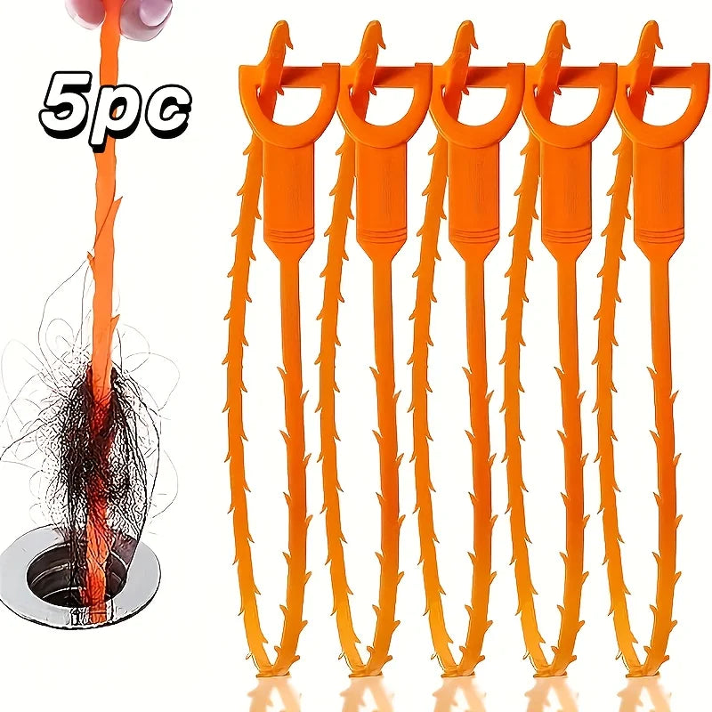 A set of five orange flexible drain cleaning tools with serrated tips and a long rod.