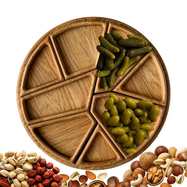 Round Wooden Serving Tray with 8 Removable Compartments