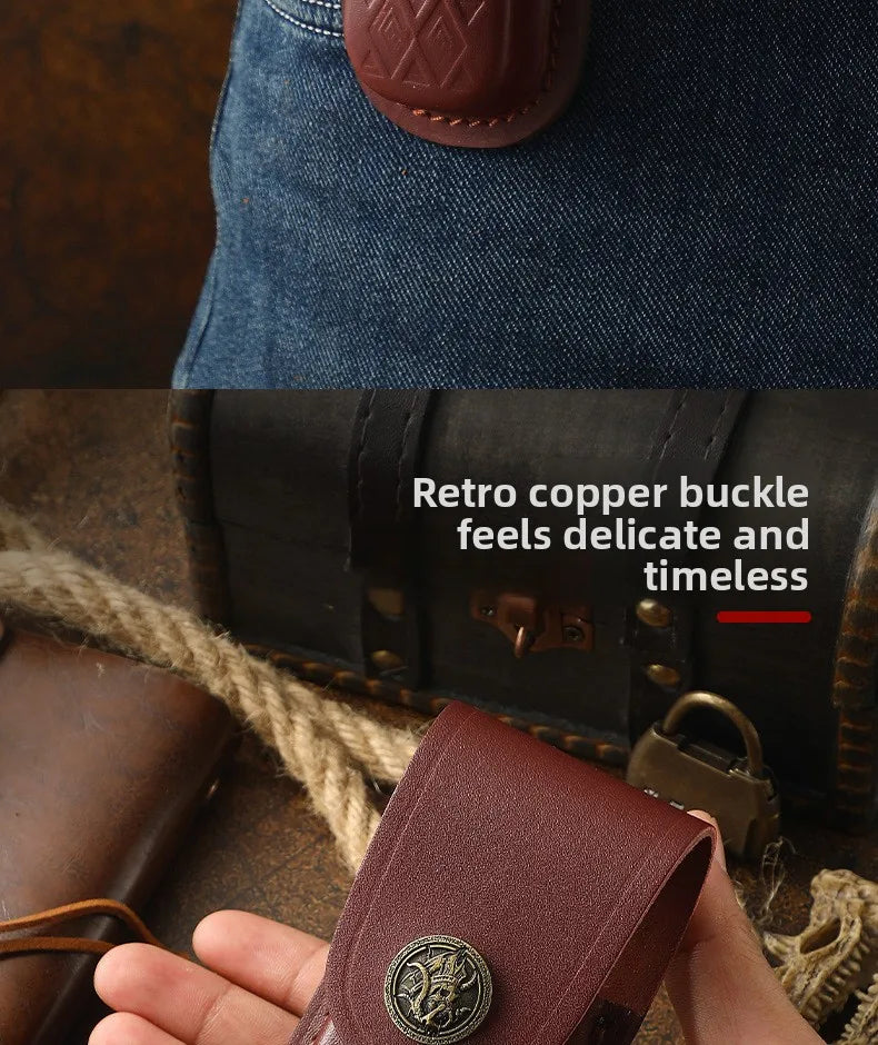 A close-up of a brown leather folding knife case with a copper buckle, showing its texture and craftsmanship.