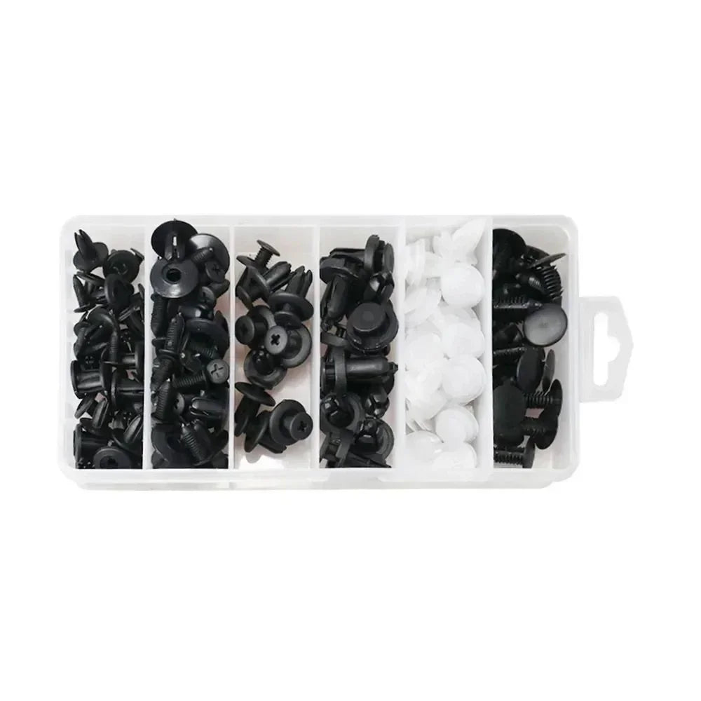 A white plastic kit containing various push-pin auto trim fasteners, including metal pins and white plastic spheres.
