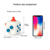 Comparison of a small sensory busy ball for babies and toddlers next to a smartphone.