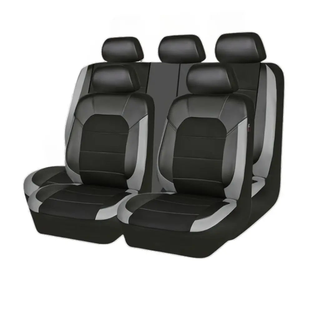 A set of black PU leather car seat covers with breathable mesh for universal fit.